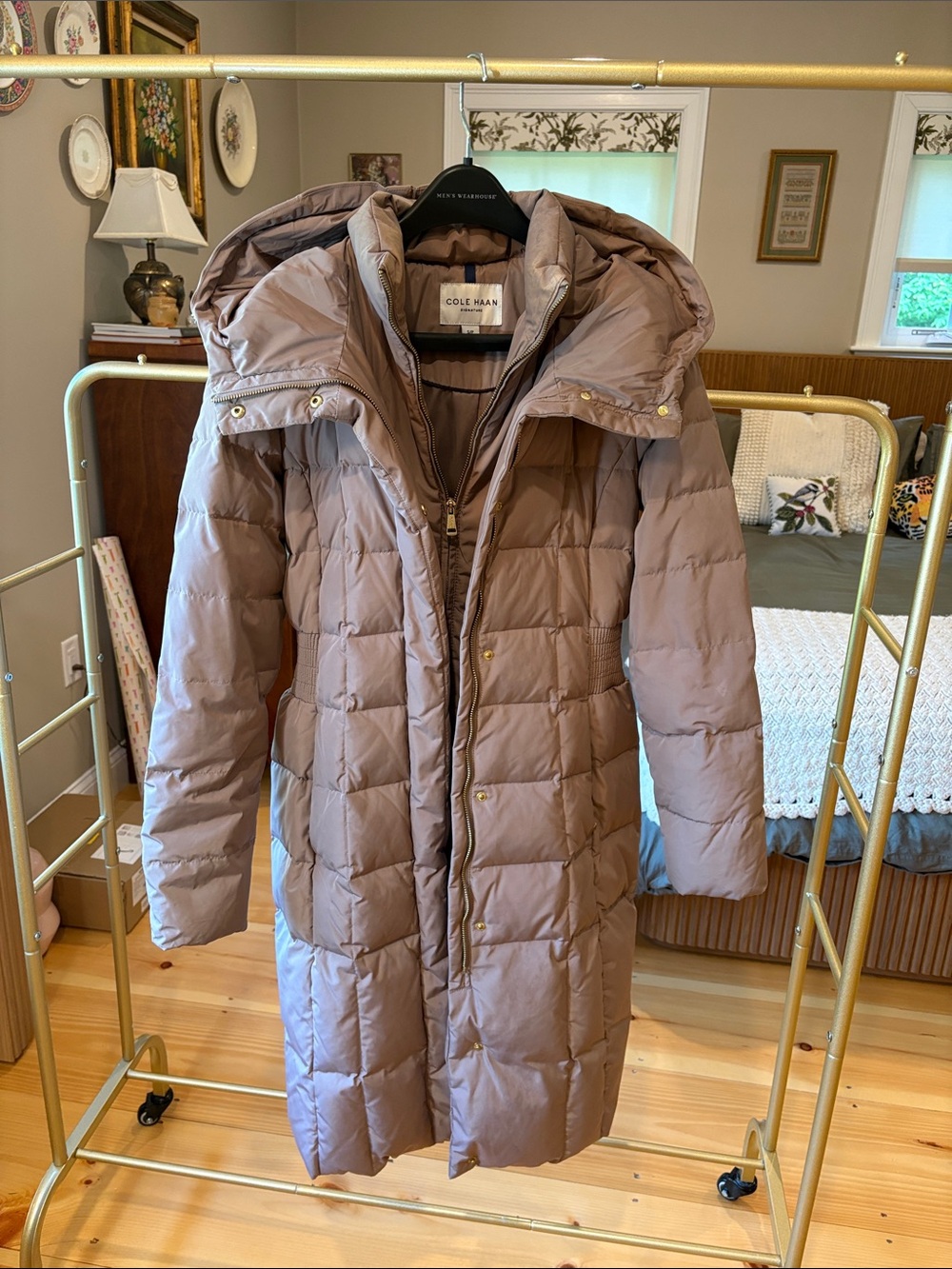Cole Haan Dusty Mauve Long Quilted Down Puffer Coat with Hood